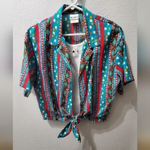 Vintage plaid blouse. 80's southwest pattern teal and red blouse with waist tie.